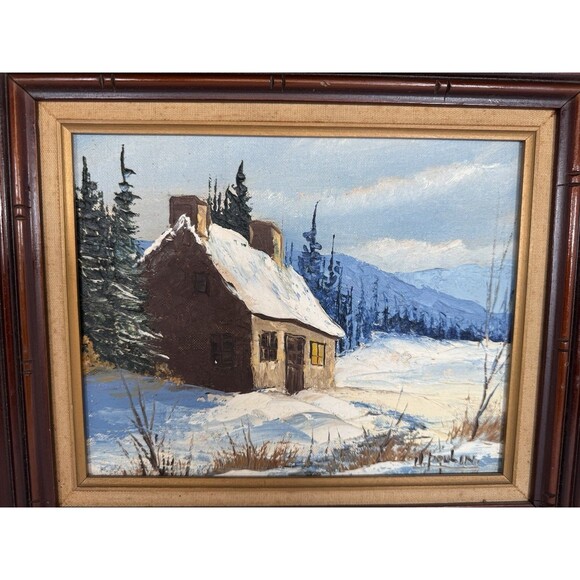 Winter Cottage Landscape Scene Oil Painting In Wood Frame MCM VTG Cozy Cottage - Picture 7 of 11